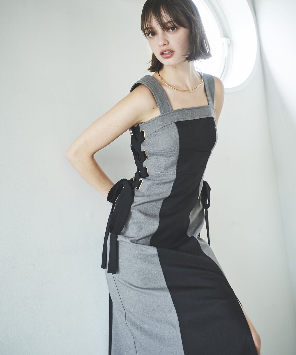 アンドクチュール「サイドリボン配色ジャンスカ」|ジャンパースカート|