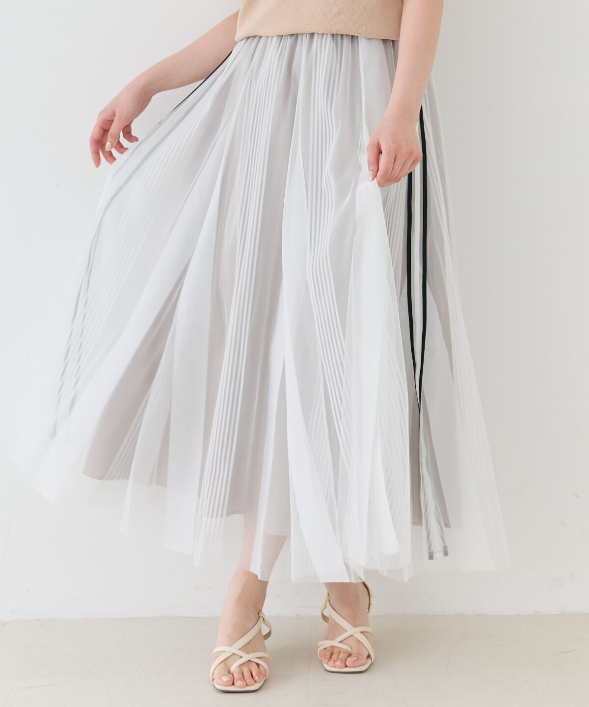 アンドクチュール「ウエストリブサイドラインストライプ&times;チュールロングスカート」|フレア|