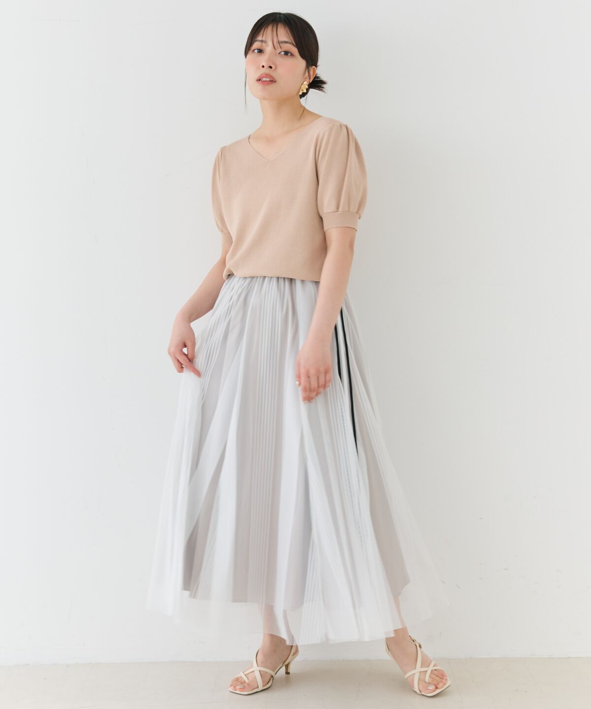 アンドクチュール「ウエストリブサイドラインストライプ&times;チュールロングスカート」|フレア|