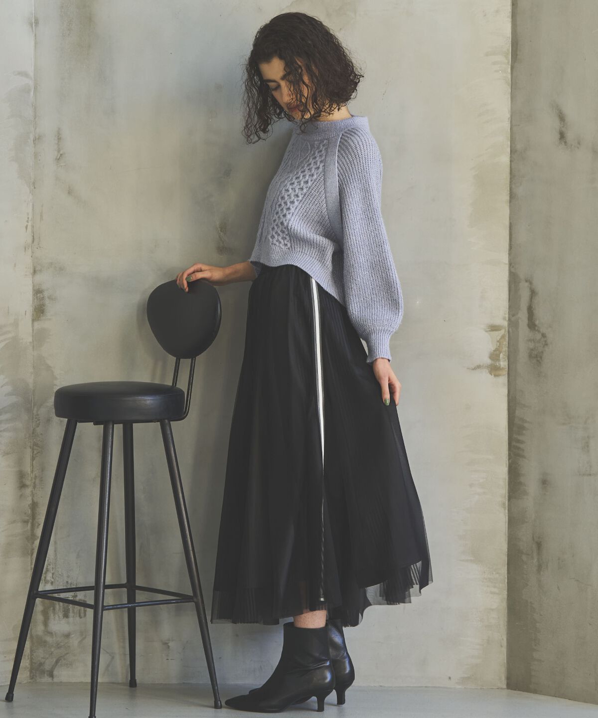 アンドクチュール「ウエストリブサイドラインストライプ&times;チュールロングスカート」|フレア|