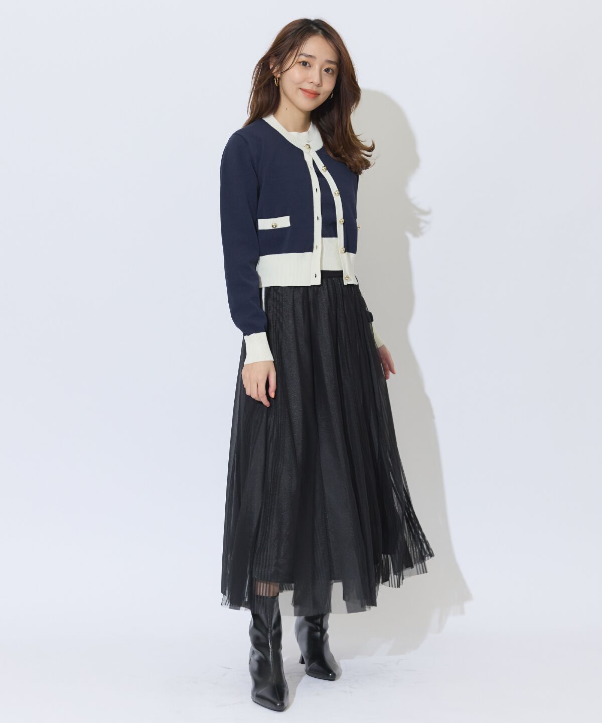 アンドクチュール「ウエストリブサイドラインストライプ&times;チュールロングスカート」|フレア|