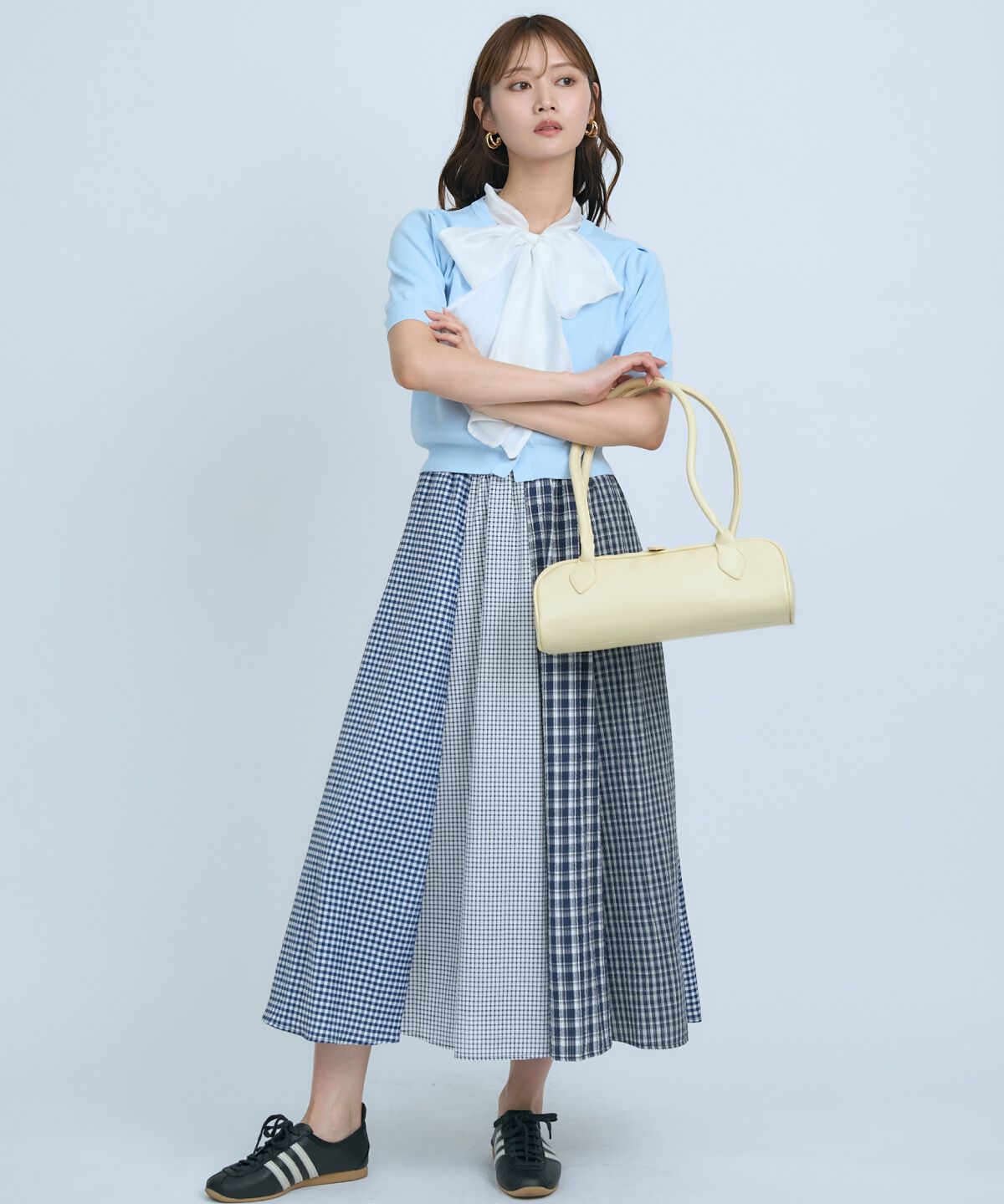 アンドクチュール「サッカーギンガム組み合わせスカート」|フレア|ネイビー