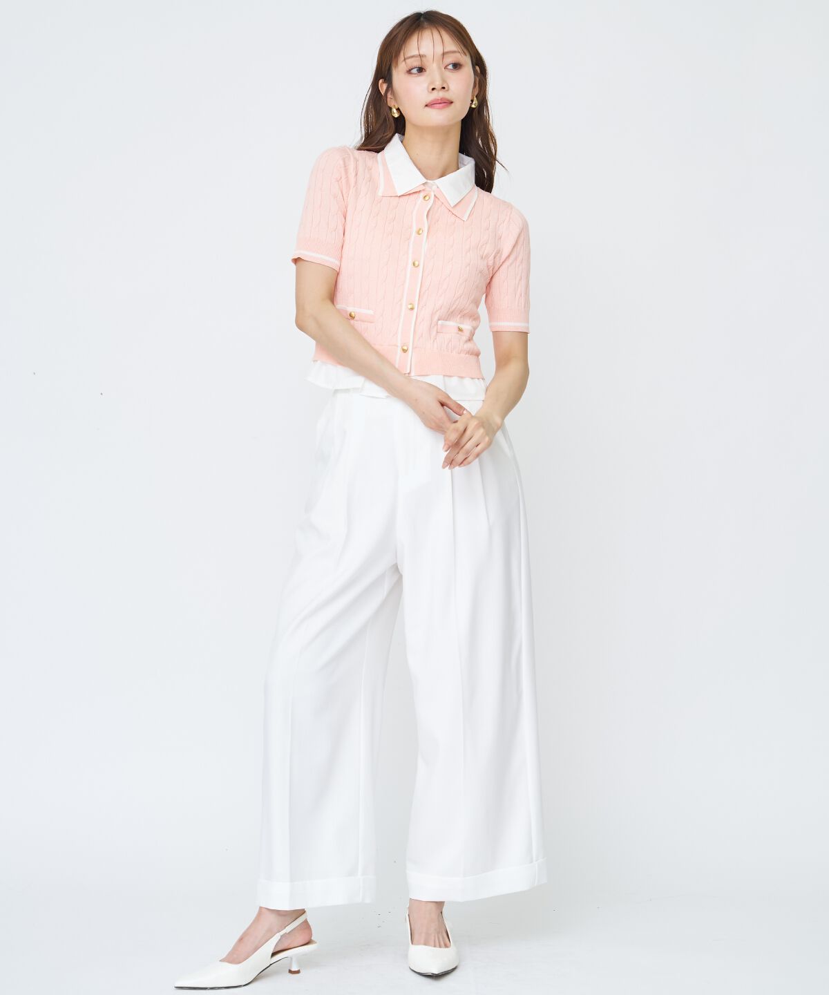 アンドクチュール「配色シャツ襟ペプラムニットプルオーバー」|ニット・セーター|