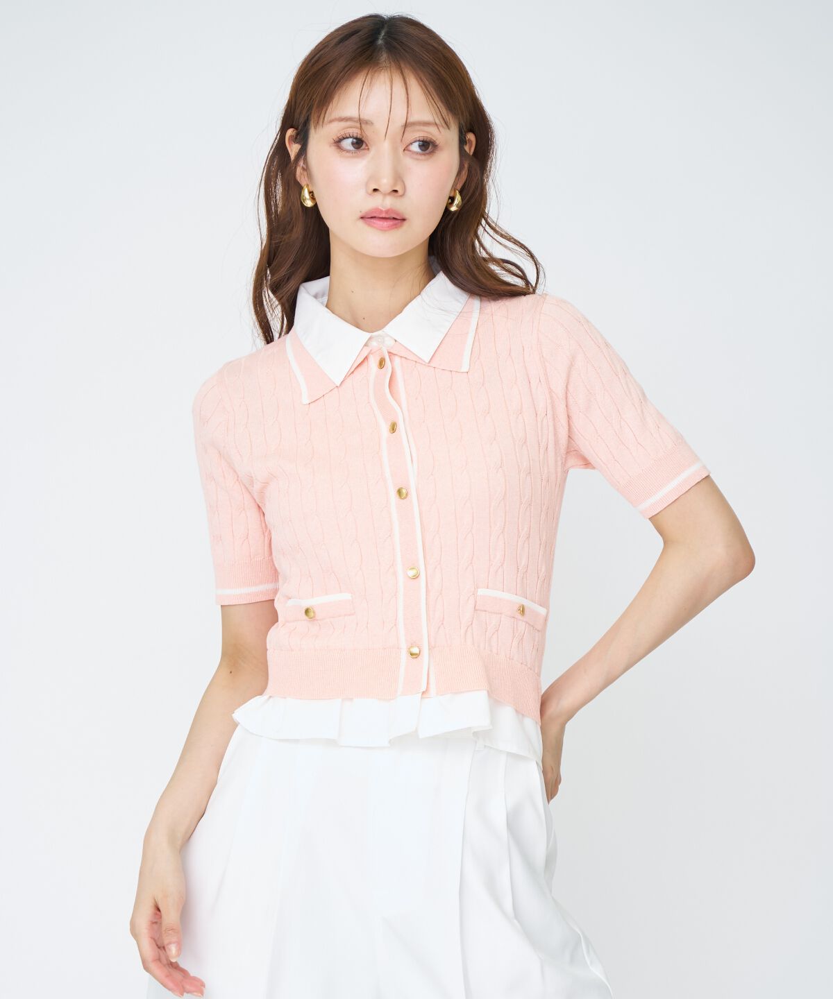 アンドクチュール「配色シャツ襟ペプラムニットプルオーバー」|ニット・セーター|