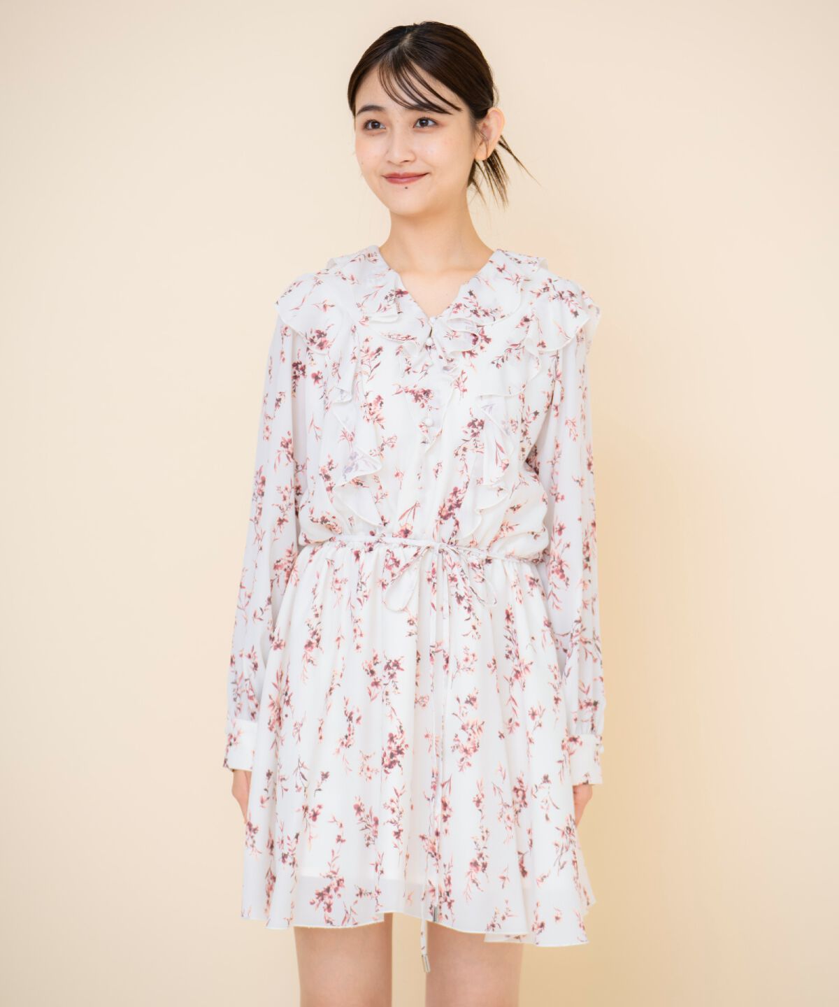 REDYAZEL「フローラルプリントシフォンミニワンピース」|ワンピース|ベージュ