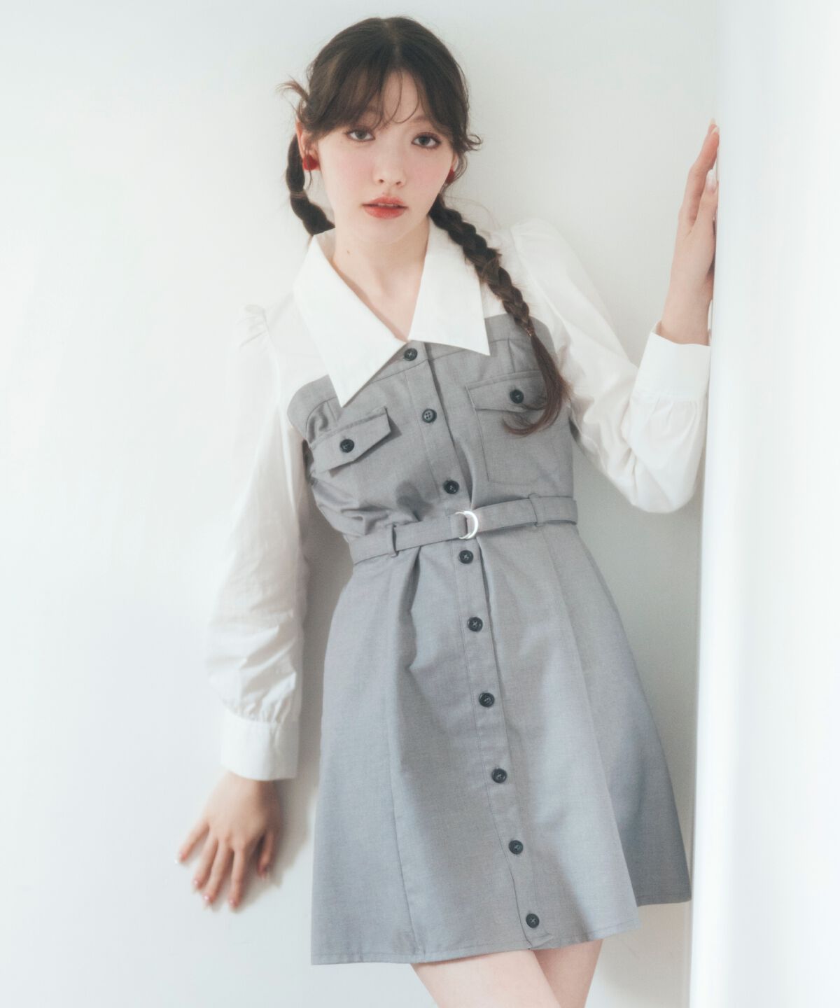 REDYAZEL「レイヤードデザインミニシャツワンピース」|ワンピース|グレー