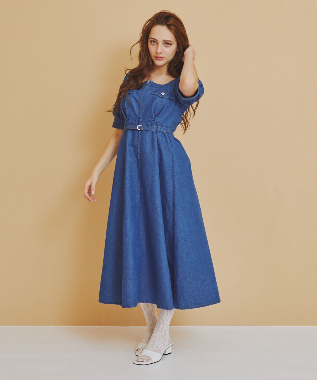 REDYAZEL「フロントジップスクエアネックフレアワンピース」|ワンピース|