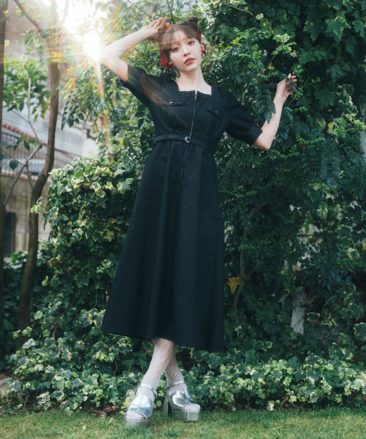 REDYAZEL「フロントジップスクエアネックフレアワンピース」|ワンピース|