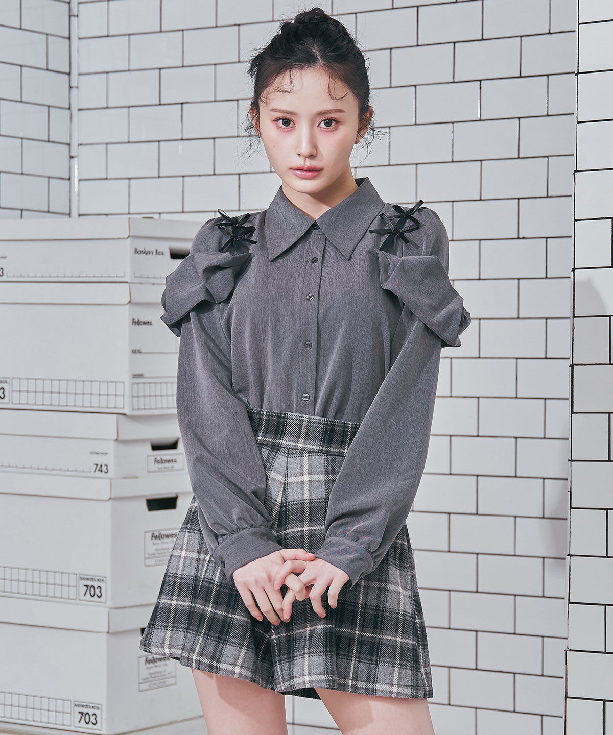 REDYAZEL「リボンフリルショルダーブラウス」|シャツ・ブラウス|グレー