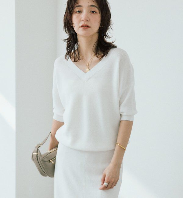  「【手洗い可能】ギマコットン片畦Vネックニット」|ニット・セーター|