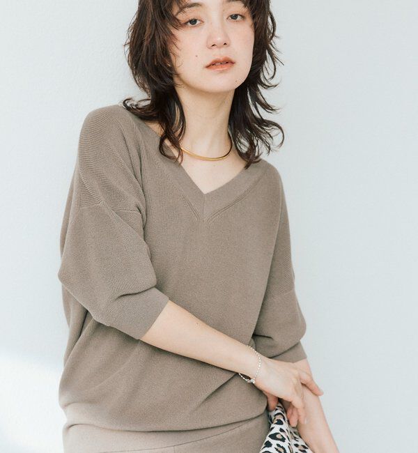  「【手洗い可能】ギマコットン片畦Vネックニット」|ニット・セーター|