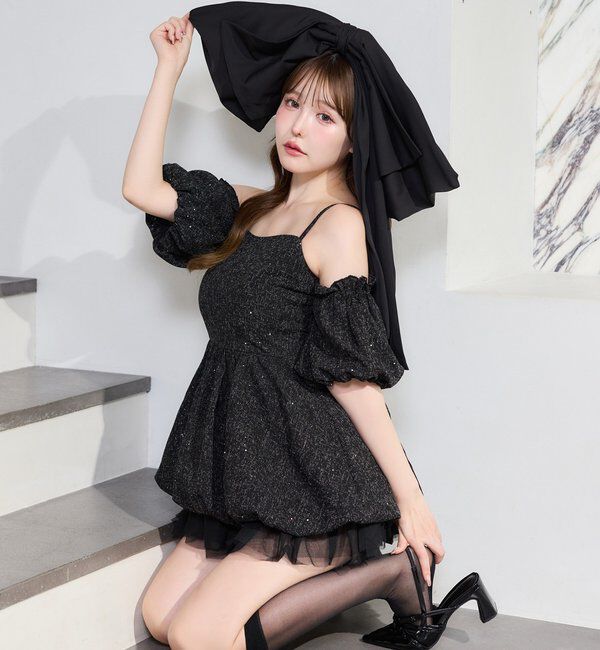 「【Black Ribbon Collection】異素材バルーンミニワンピース」|ワンピース|