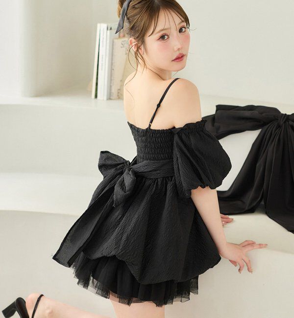  「【Black Ribbon Collection】異素材バルーンミニワンピース」|ワンピース|ブラック