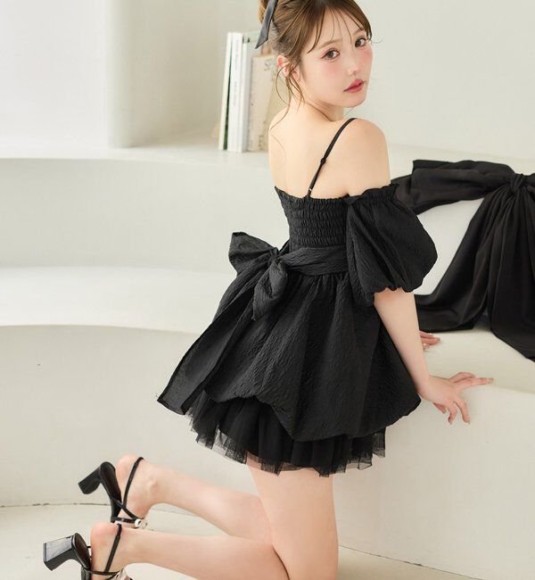  「【Black Ribbon Collection】異素材バルーンミニワンピース」|ワンピース|