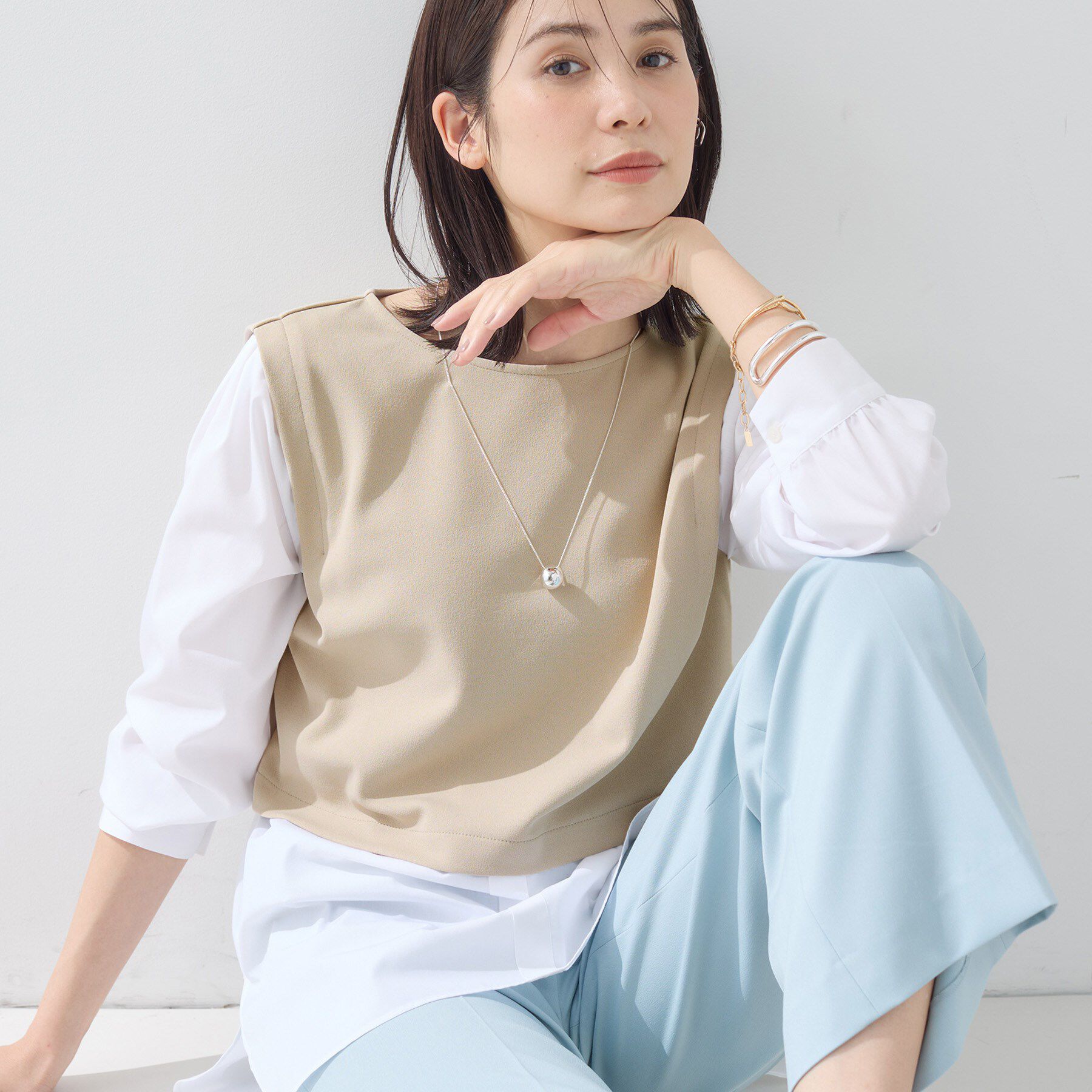 INDIVI「【洗える／UVケア】レイヤード風デザイントップス」|Tシャツ・カットソー|ベージュ(052)