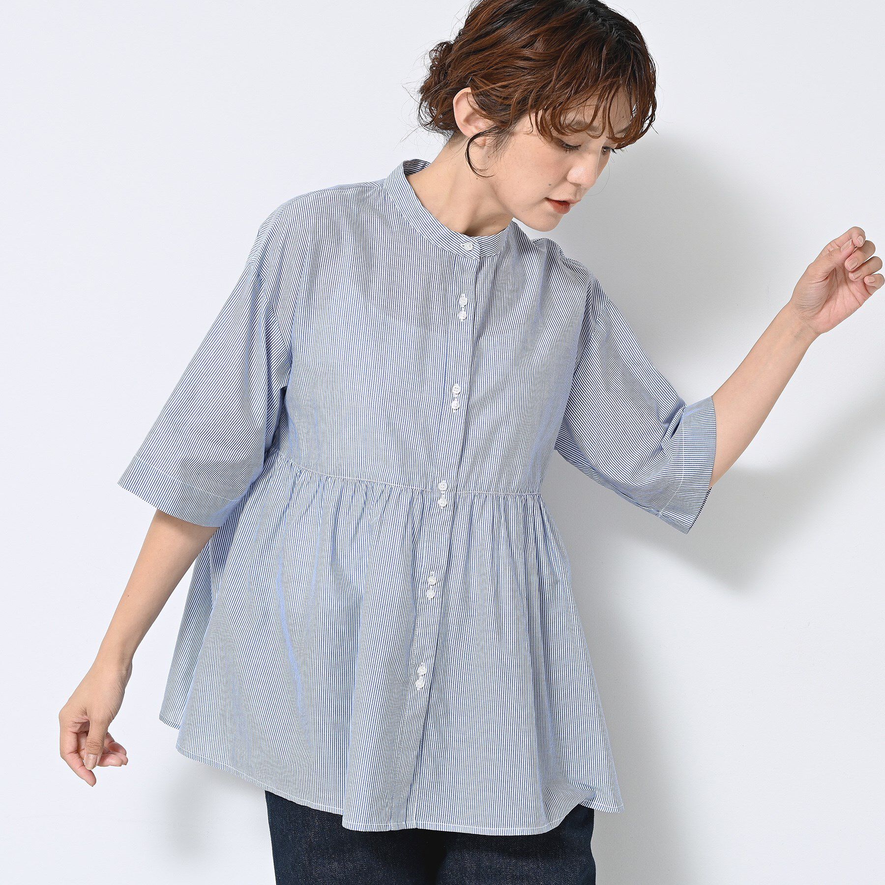 Dessin「【洗える／体型カバー】バンドカラーペプラムブラウス」|シャツ・ブラウス|