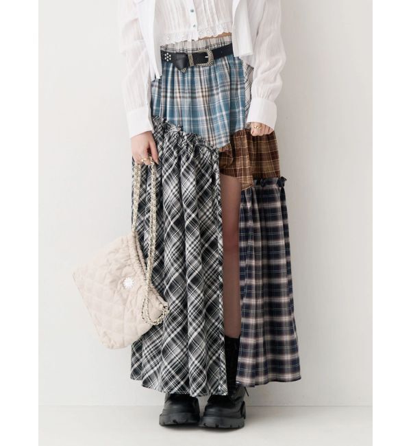 EVRIS「チェックドッキングロングスカート」|スカート|ブルー