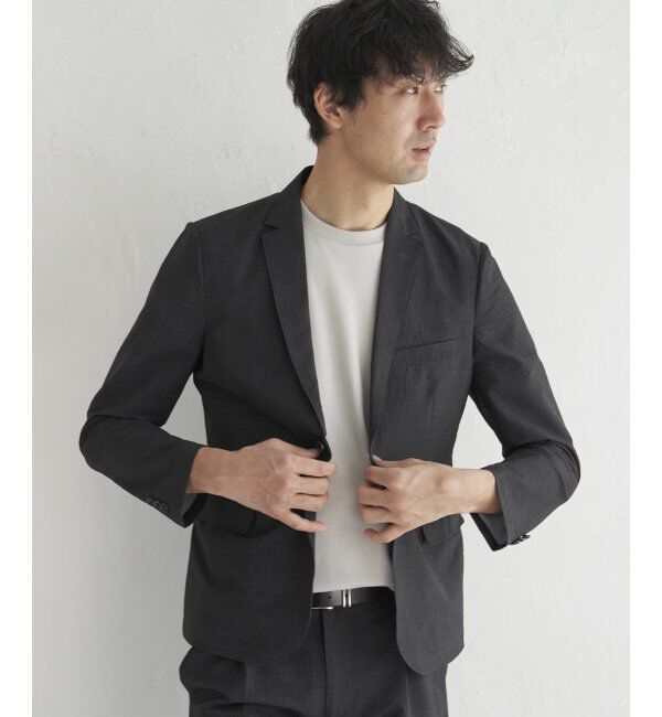 IKKA LOUNGE「【セットアップ対応】ブラックドットサッカーライトジャケット」|テーラードジャケット|チャコール