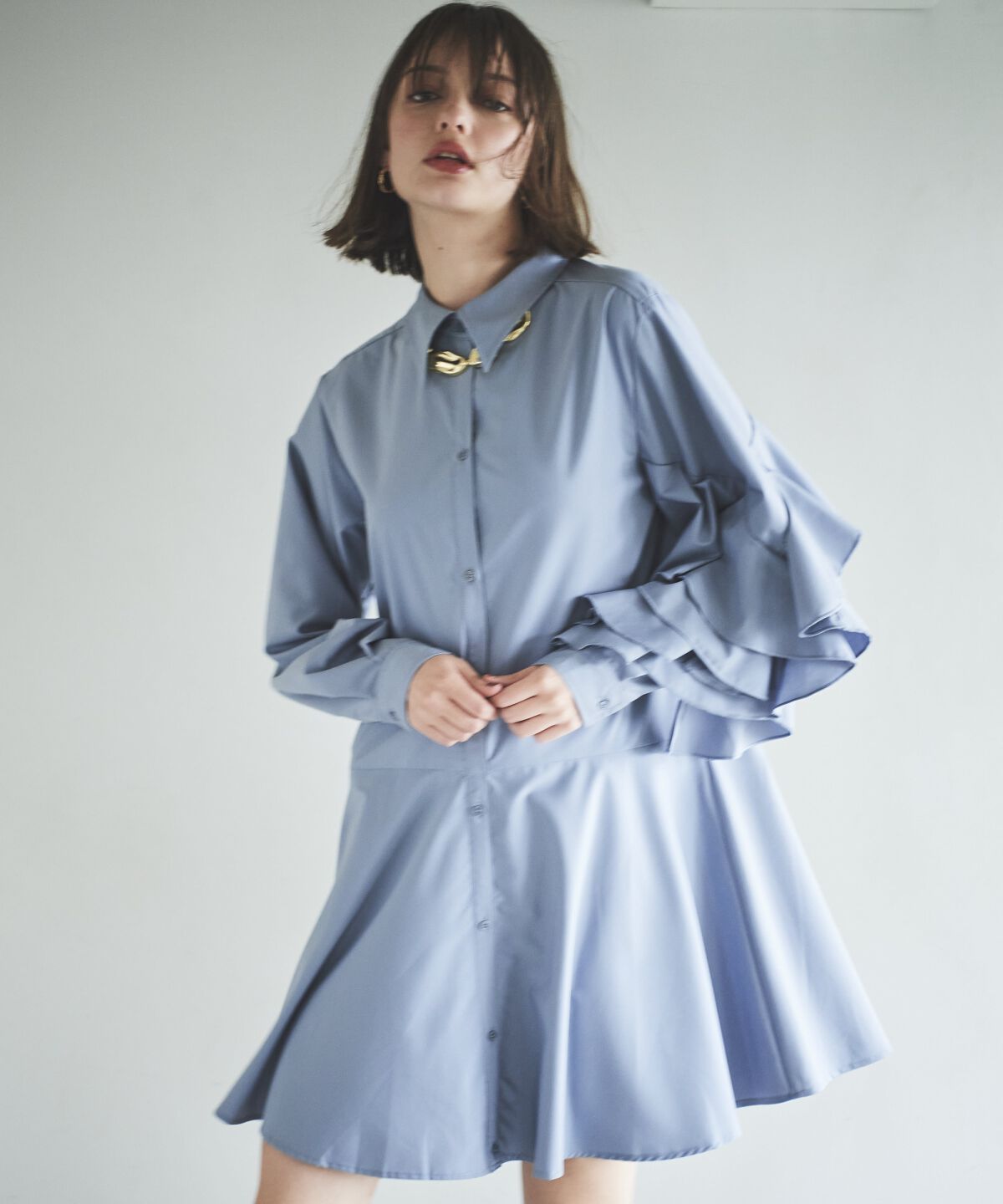 アンドクチュール「アシメフリルスリーブミニワンピース」|ワンピース|ブルー