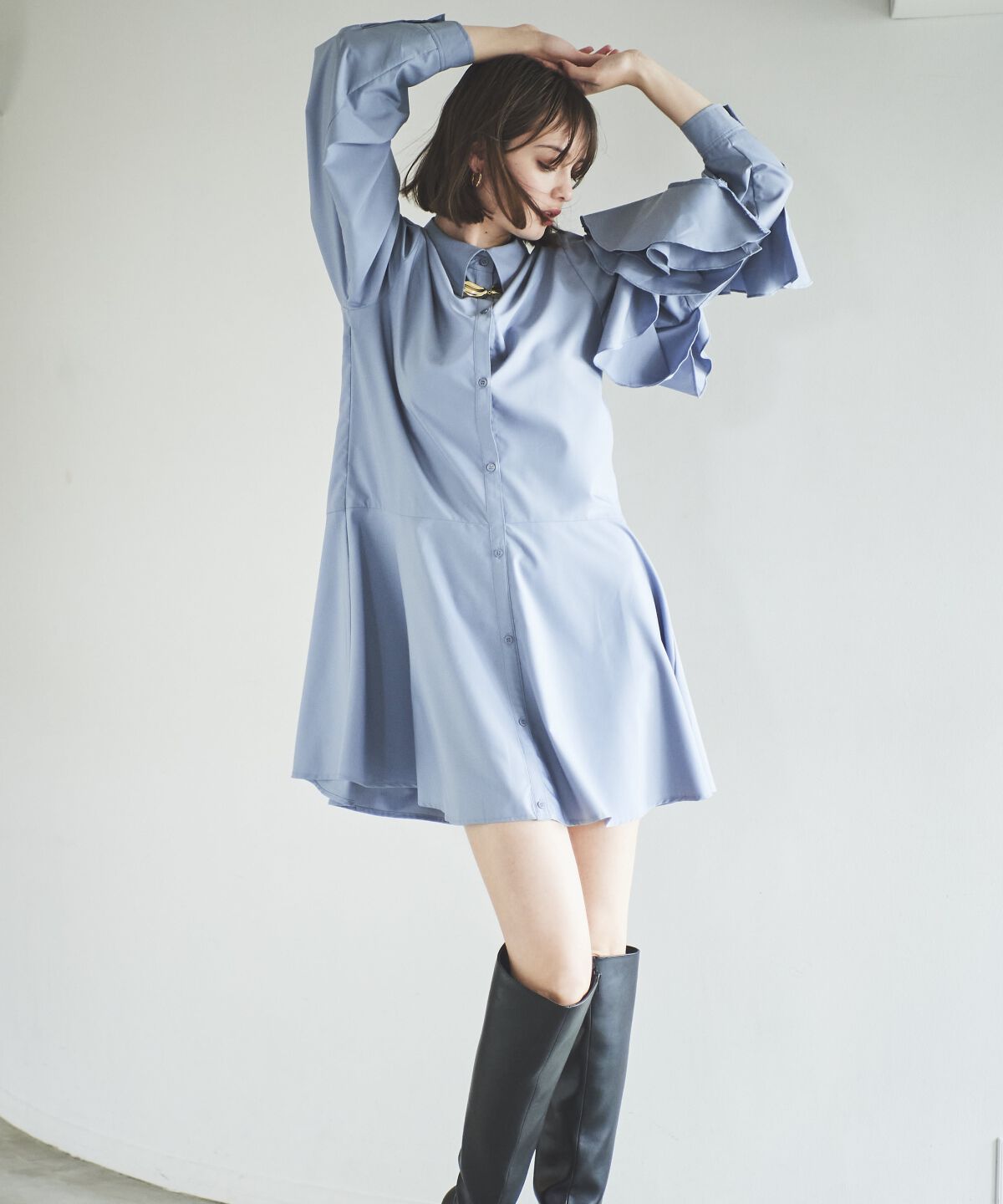 アンドクチュール「アシメフリルスリーブミニワンピース」|ワンピース|