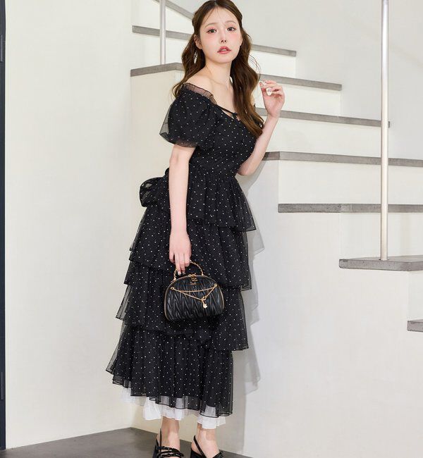  「【Black Ribbon Collection】バックリボンティアードワンピ」|ワンピース|