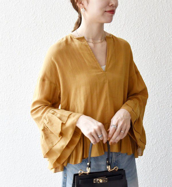 SHIPS any「SHIPS any:〈洗濯機可能〉コットン モス ラッフル フリル キーネック ブラウス」|シャツ・ブラウス|キャメル