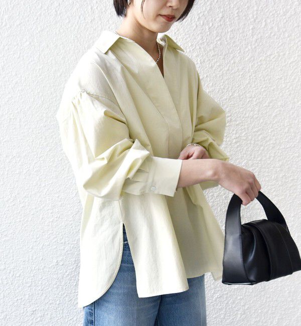 SHIPS for women「〈手洗い可能〉無地 / ストライプ サイド スリット スキッパー コットン シャツ 2」|シャツ・ブラウス|ライトグリーン