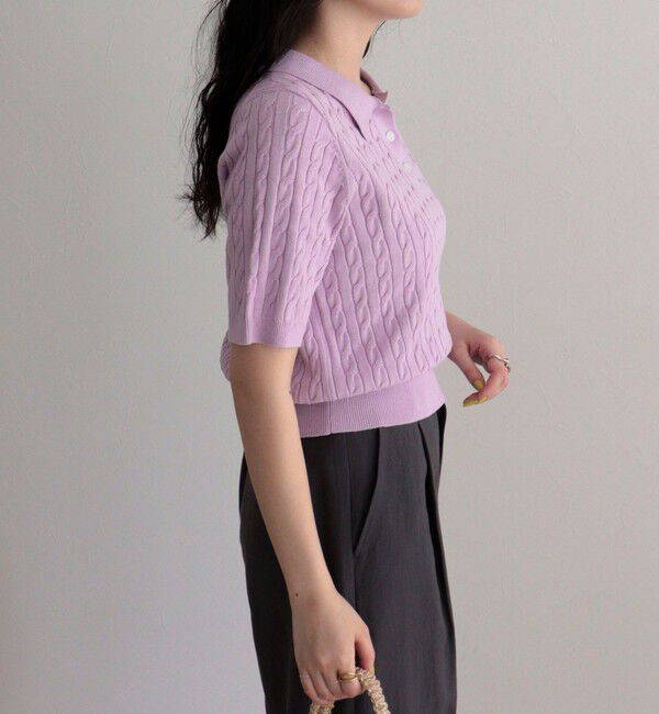 fredy emue「【大人気シリーズの新型登場！】FR刺しゅうケーブル柄半袖ポロ衿プルオーバーニット」|ニット・セーター|