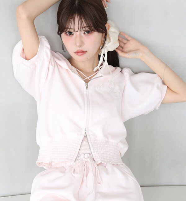  「【セットアップ可能】レースロゴ刺繍半袖ラメパーカー」|プルオーバー|ピンク