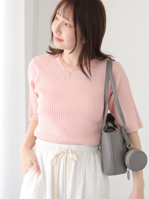 Te chichi TERRASSE「ハーフスリーブクルーネックリブニット」|ニット・セーター|ピンク