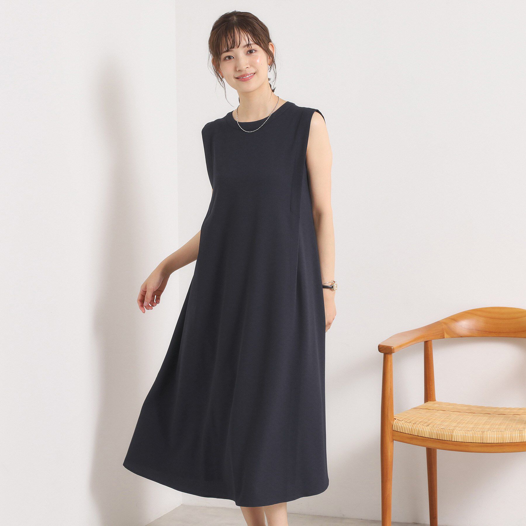 ITS&rsquo;DEMO「【UVカット／速乾／冷感／洗濯機OK／洗濯後しわになりにくい】麻調ストレッチ肩タックワンピース＜ラク」|ワンピース|ネイビー(094)