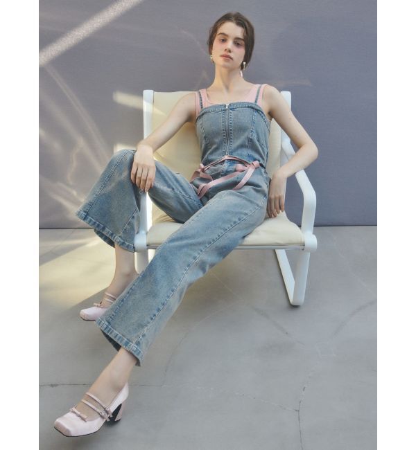CALNAMUR「BACK RIBBON DENIM ALL IN ONE/バックリボンデニムオールインワン」|ワンピース|