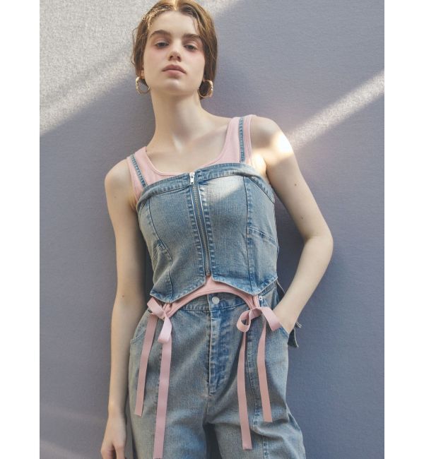 CALNAMUR「BACK RIBBON DENIM ALL IN ONE/バックリボンデニムオールインワン」|ワンピース|