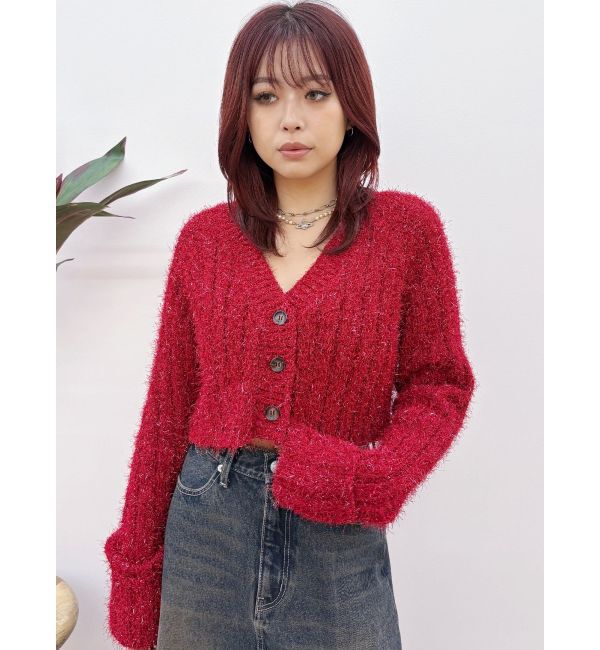 EVRIS「フェザーラメニットショートカーディガン」|カーディガン|