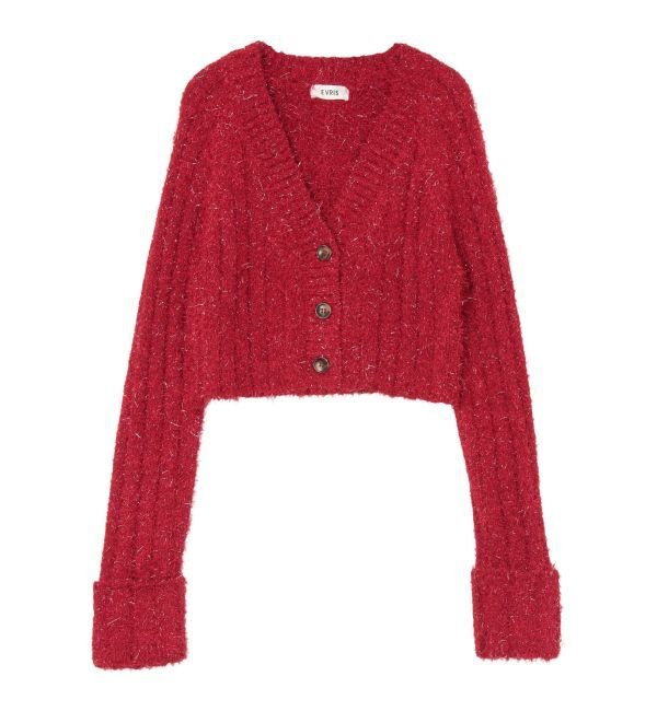 EVRIS「フェザーラメニットショートカーディガン」|カーディガン|レッド
