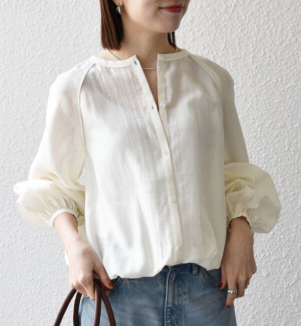 SHIPS any「《追加予約》SHIPS any:〈洗濯機可能〉リネン ミックス シアー ボリューム スリーブ ブラウス」|シャツ・ブラウス|