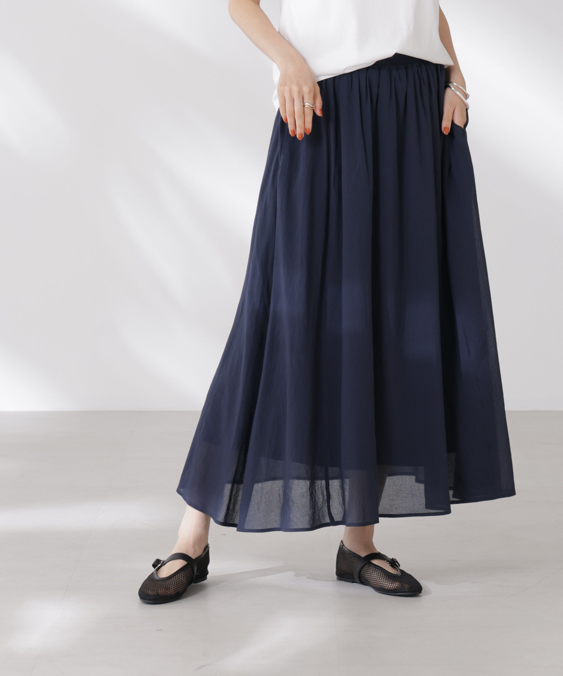 nano･universe「ウエストゴムギャザーシアースカート（セットアップ可）」|スカート|D.ネイビー1
