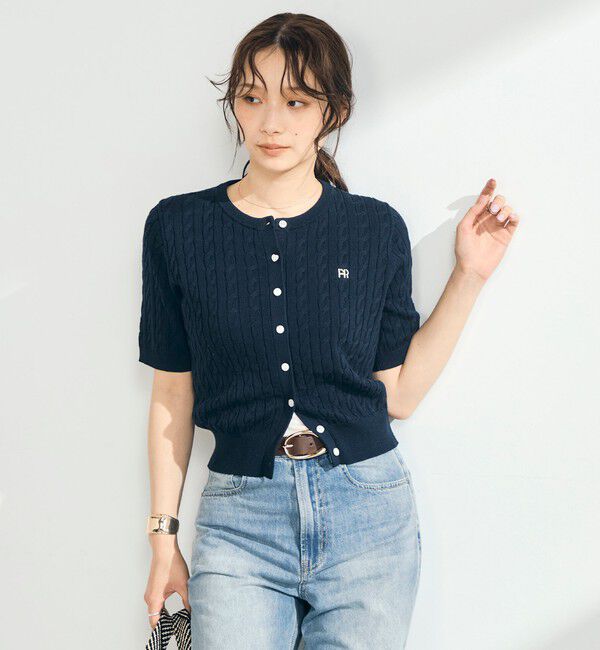 fredy emue「【毎年大人気！/完売必須】FR刺しゅうケーブル柄半袖カーディガン」|カーディガン|ネイビー