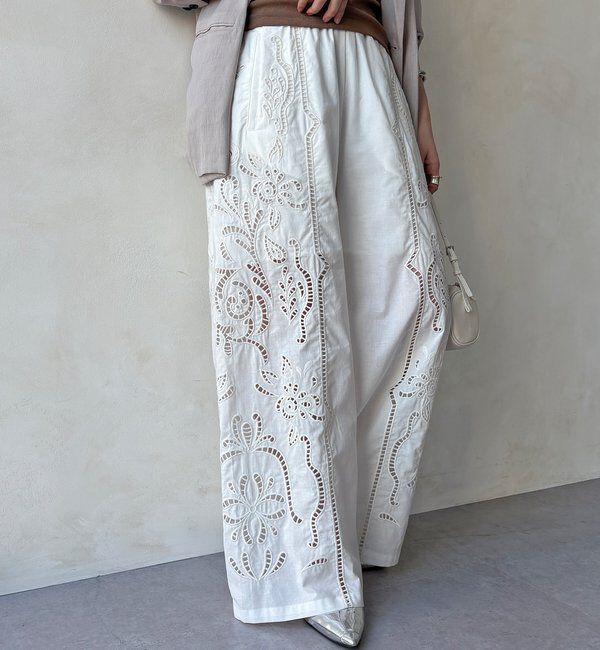  「刺繍レースコットンパンツ」|チノ|ホワイト