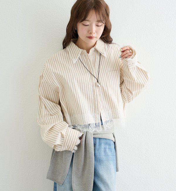  「ストライプ裾レースシャツ」|シャツ・ブラウス|