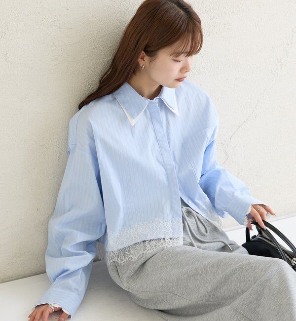  「ストライプ裾レースシャツ」|シャツ・ブラウス|