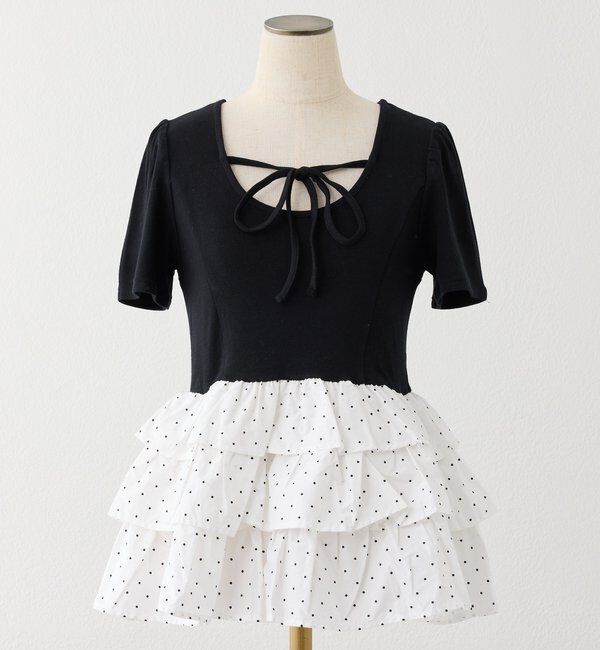  「リボン付き裾フリルペプラムトップス」|プルオーバー|ブラック