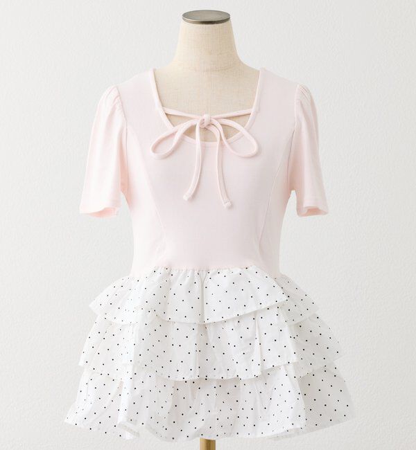  「リボン付き裾フリルペプラムトップス」|プルオーバー|ピンク