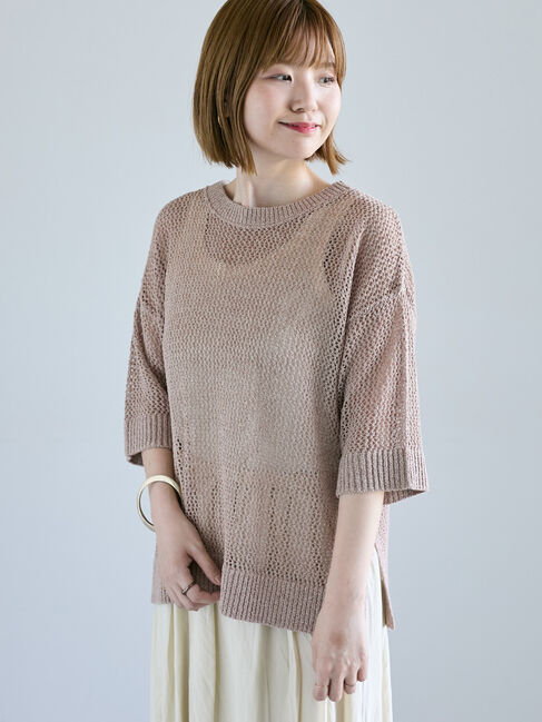 Lugnoncure「メッシュ編みハーフスリーブニット」|ニット・セーター|ブラウン
