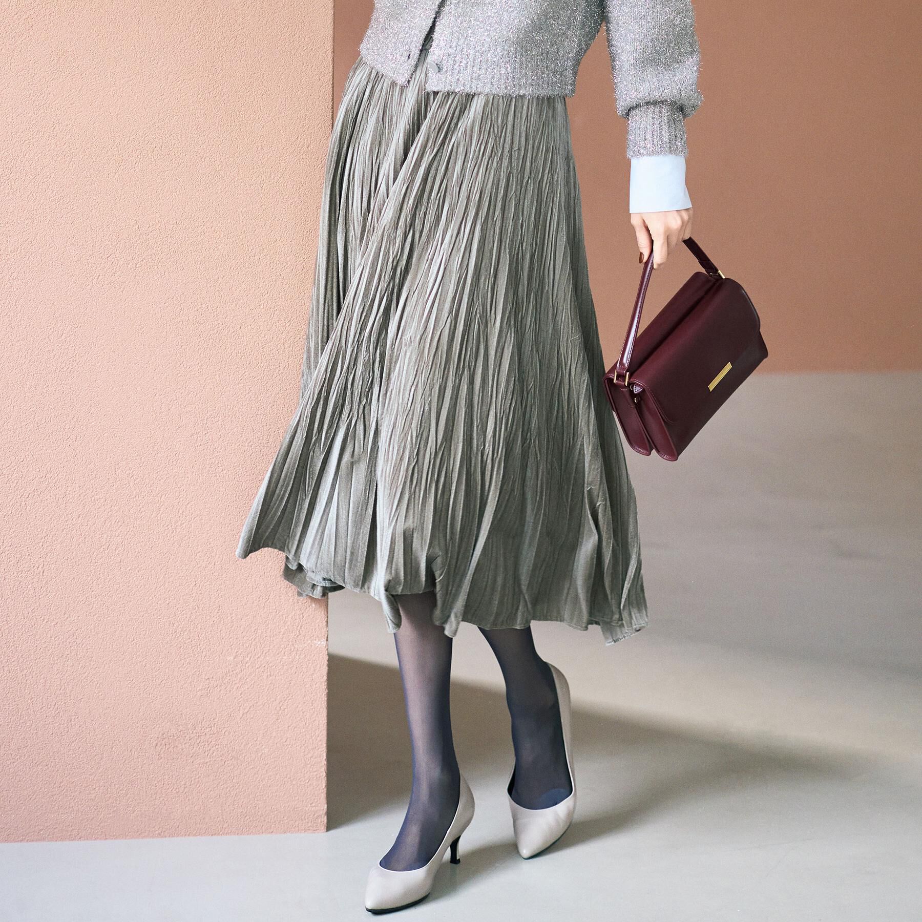 UNTITLED「【ウエストゴム／着映え】ランダムプリーツベロアスカート」|スカート|トープ(054)