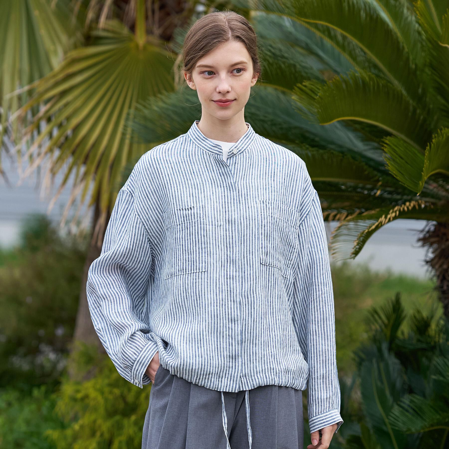 DRESSTERIOR「【ウォッシャブル/2WAY】ストライプリネン ドロストシャツ」|シャツ・ブラウス|