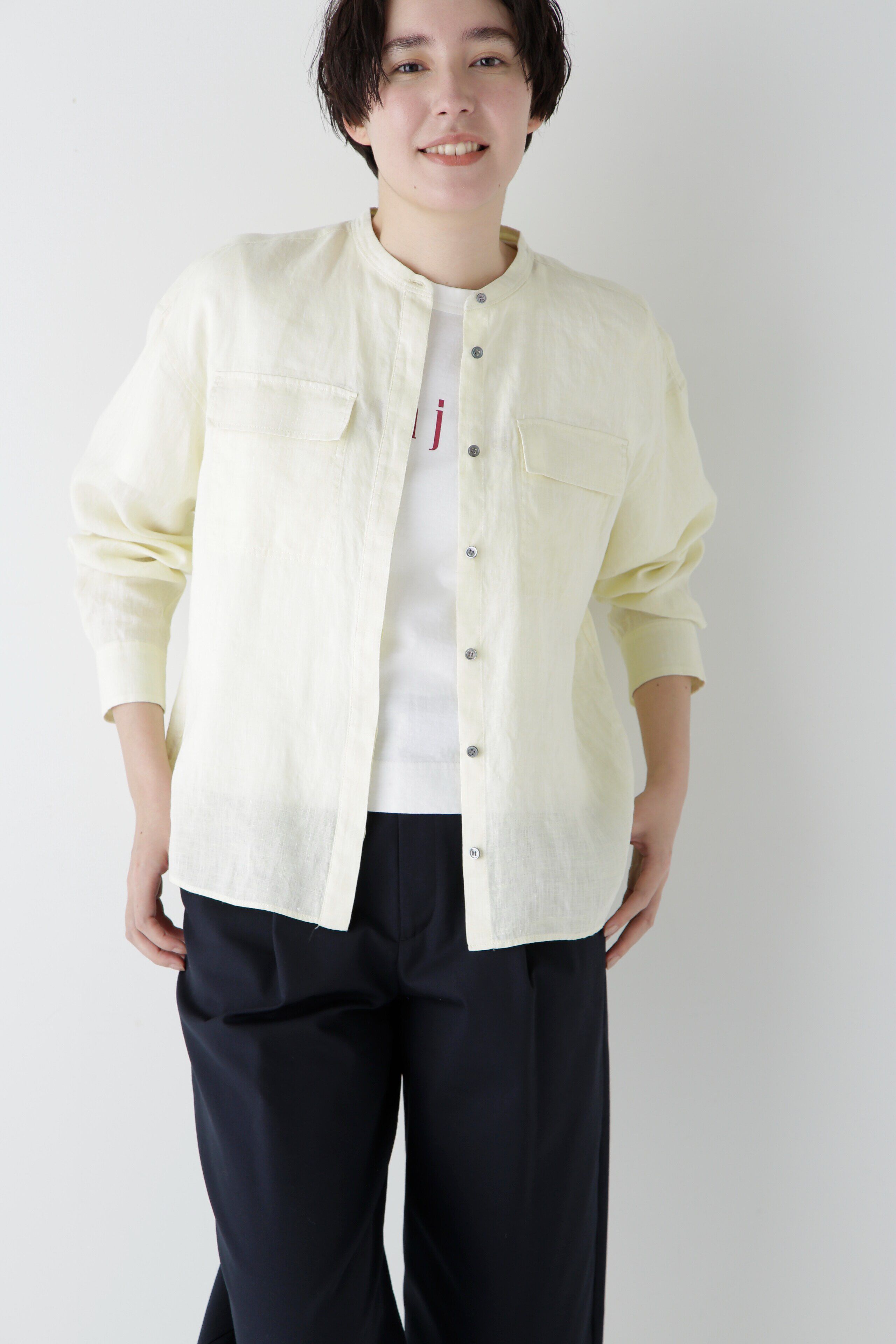  「◆ハードマンリネンバンドカラーシャツブラウス」|シャツ・ブラウス|イエロー