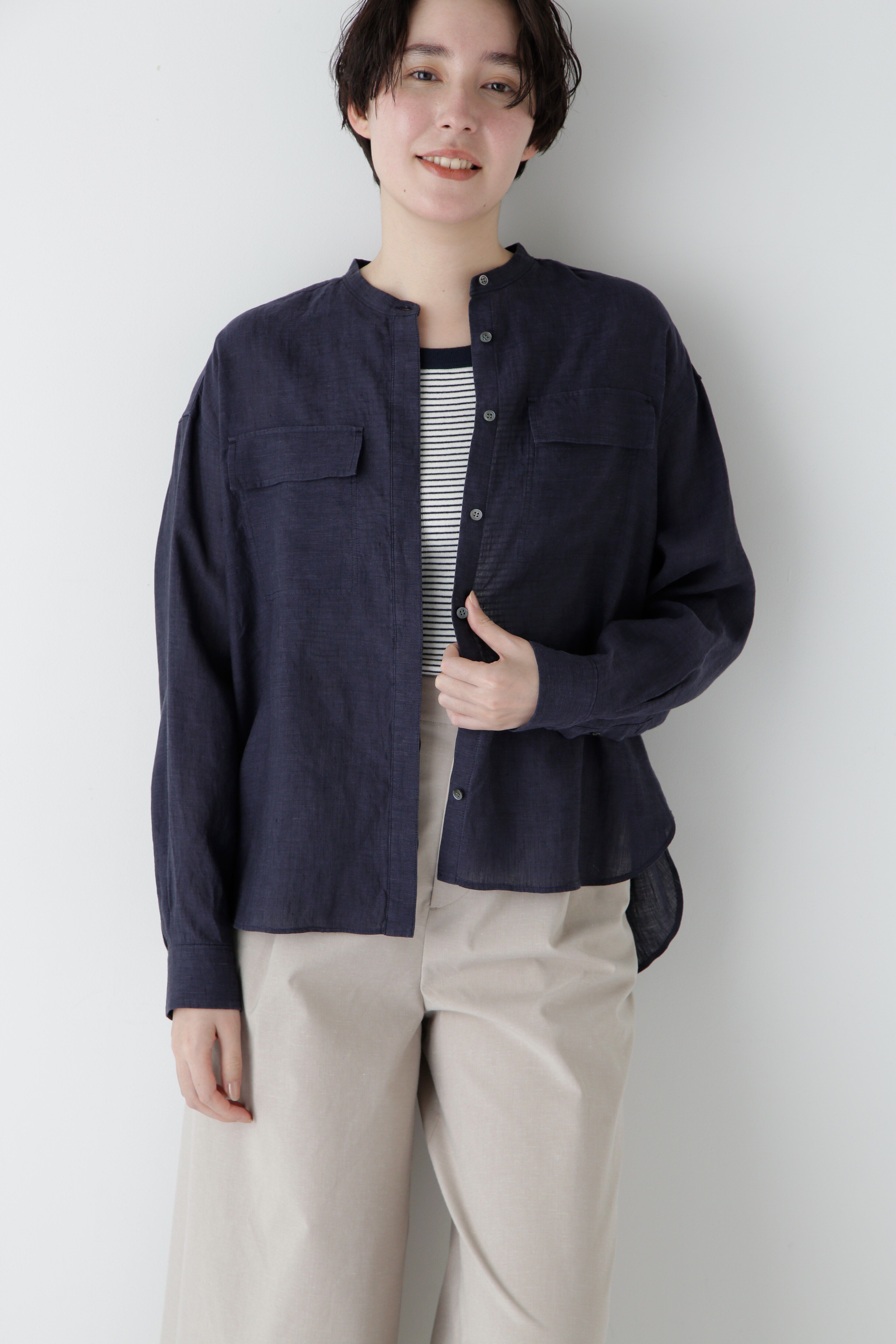  「◆ハードマンリネンバンドカラーシャツブラウス」|シャツ・ブラウス|ネイビー