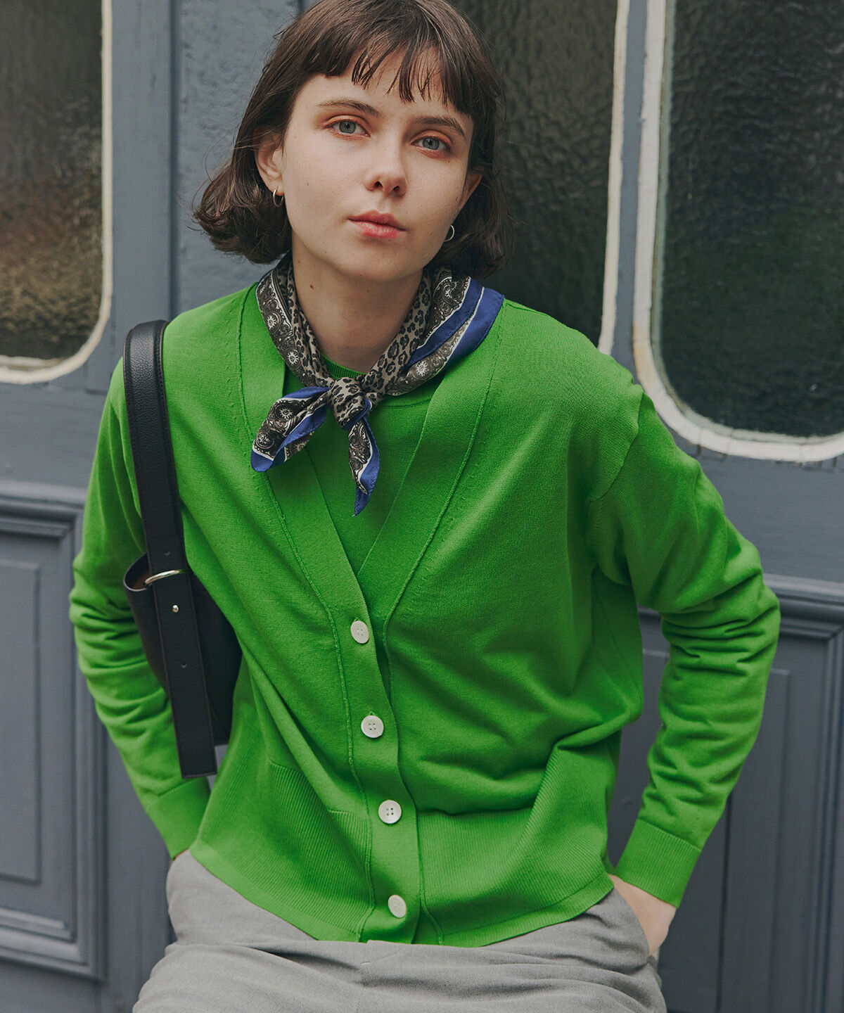  「◆《ウォッシャブル》アイレットＶネックカーディガン」|ニット・セーター|グリーン