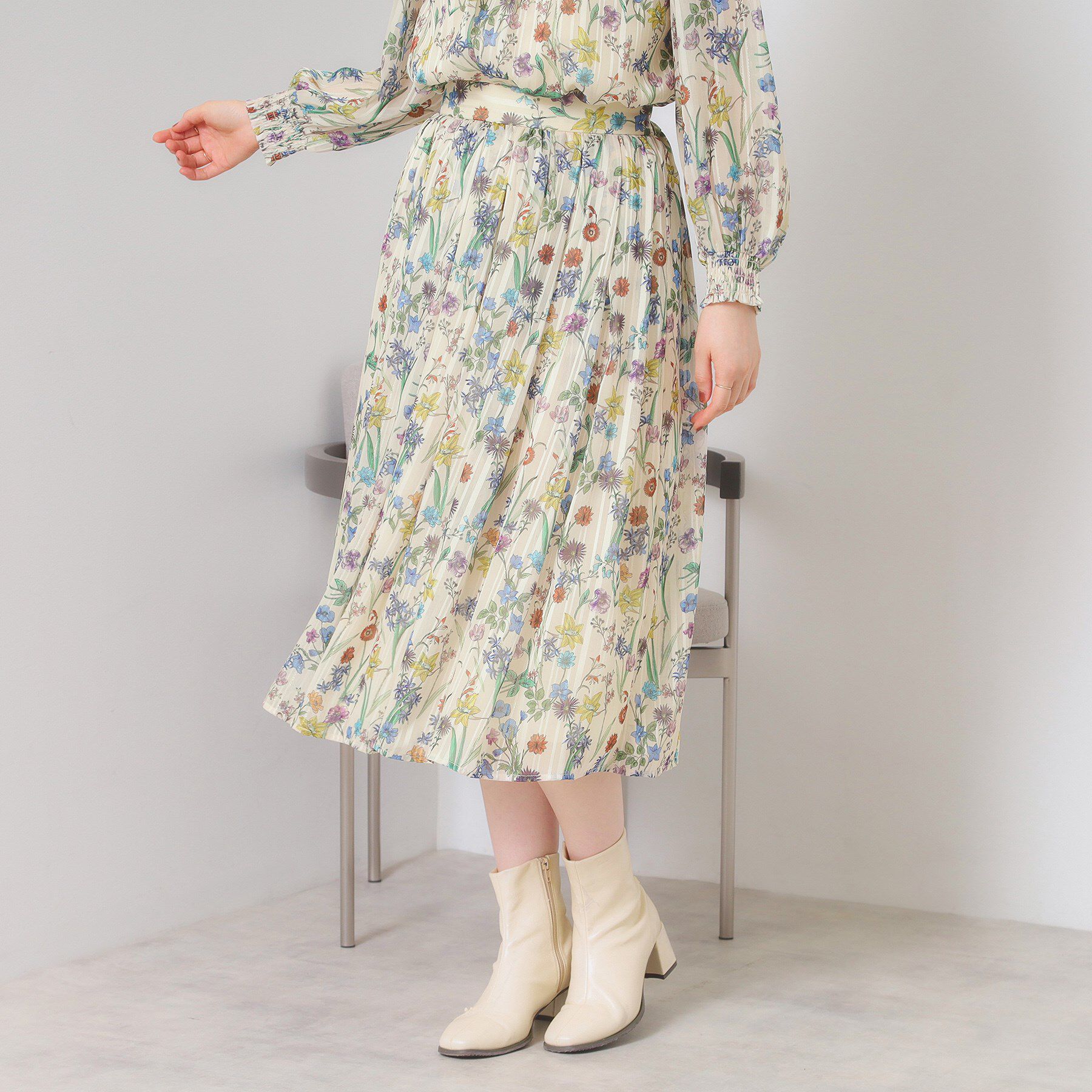 ITS&rsquo;DEMO「【手洗い可／セットアップ可】ラメストライプ花柄スカート」|スカート|